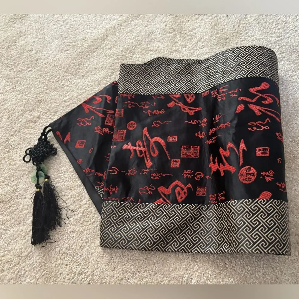 Black Red Chinese Silk Satin Brocade With Two Tassels Table Runner